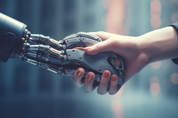 the human hand shakes the robot's hand. robotization. 