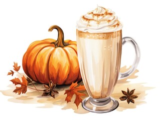 A glass of pumpkin spice latte next to a pumpkin. Digital image. Pumpkin spice latte.