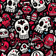 Cartoon skulls doodles graffiti funky repeat pattern