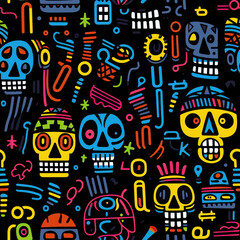 Cartoon skulls doodles graffiti funky repeat pattern