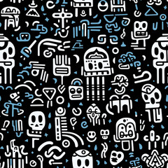 Cartoon skulls doodles graffiti funky repeat pattern