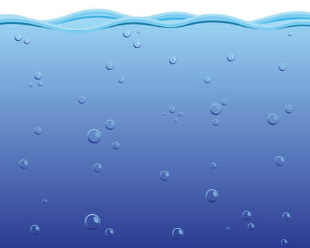 vector cartoon illustration of a scene in the water near the surface dark blue in the depths to light blue on the surface of the sea with many round shaped bubbles that appear to move up to the surfac