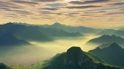 beautiful landscape of green mountain with clouds fog and golden sky - Powered by Adobe