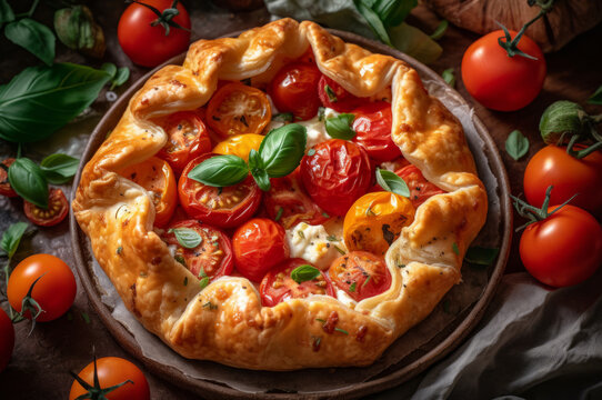 Tomato, basil and Mozzarella Puff Pastry galette. Horizontal,close-up