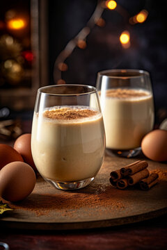 Two glasses of creamy Christmas Eggnog with ingredients on dark background. Vertical, side view.