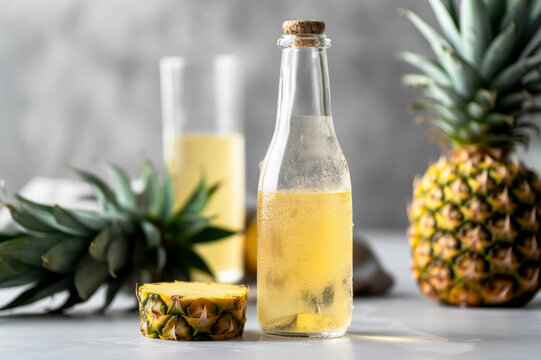Homemade pineapple drink in a glass bottle with fresh pineapple on background. Horizontal, side view.