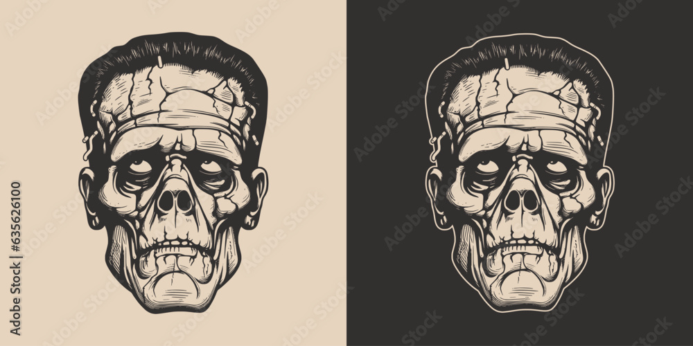 Wall mural Vintage retro Halloween zombie dead frankenstein character face portrait. spooky scary horror element. Monochrome Graphic Art. Vector. Hand drawn element engraving