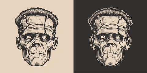 Vintage retro Halloween zombie dead frankenstein character face portrait. spooky scary horror element. Monochrome Graphic Art. Vector. Hand drawn element engraving