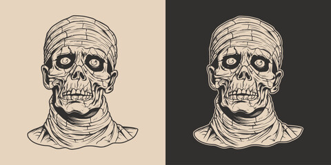 Vintage retro Halloween mummy character face portrait. spooky scary horror element. Monochrome Graphic Art. Vector. Hand drawn