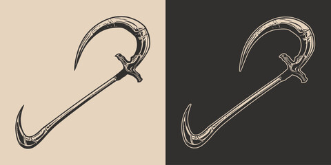 Vintage retro Halloween scythe reaper sword weapon element. Monochrome Graphic Art. Vector. Hand drawn element engraving