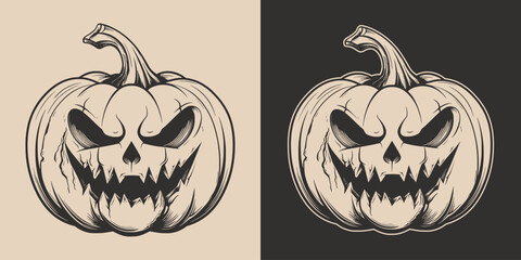 Set of scary spooky boo Halloween pumpkin lantern monster. Traditional autumn october american holiday symbol. Graphic Art Illustration	