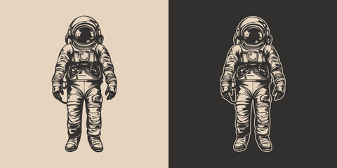 Set of vintage retro astronaut nasa future space adventure explore. Galaxy science trip. Graphic Art. Vector Illustration - obrazy, fototapety, plakaty