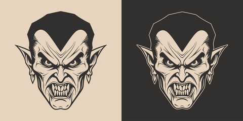 Vintage retro Halloween vampire dracula character face portrait. spooky scary horror element. Monochrome Graphic Art. Vector. Hand drawn element in engraving.