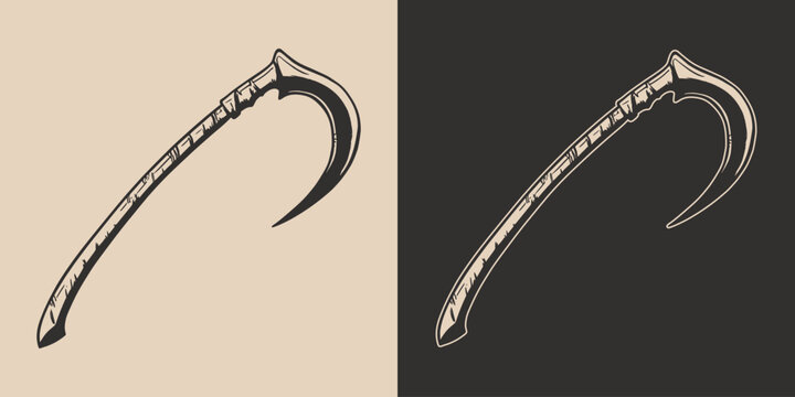 Vintage retro Halloween scythe reaper sword weapon element. Monochrome Graphic Art. Vector. Hand drawn element engraving