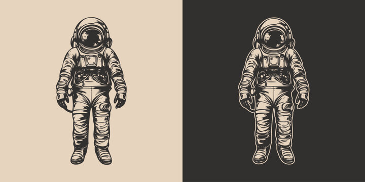 Set of vintage retro astronaut nasa future space adventure explore. Galaxy science trip. Graphic Art. Vector Illustration