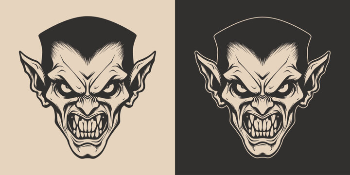 Vintage retro Halloween vampire dracula character face portrait. spooky scary horror element. Monochrome Graphic Art. Vector. Hand drawn element in engraving.