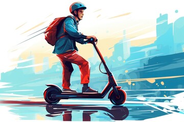 A Young Man On An Electric Scooter, Cartoon