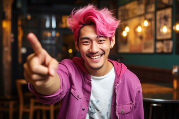 Asian Girl With Pink Hair And Piercing Pointing Finger - Powered by Adobe