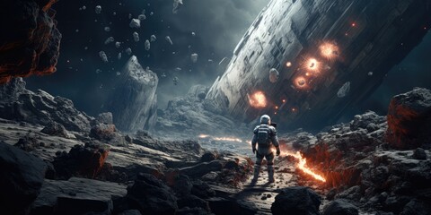 Astronauts With Spaceship Exploring An Asteroid