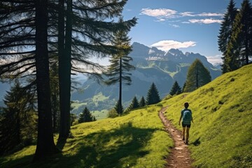 Fototapeta na wymiar Athletic Woman Walks On Scenic Hiking Trail ai generated