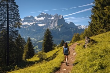 Athletic Woman Walks On Scenic Hiking Trail ai generated