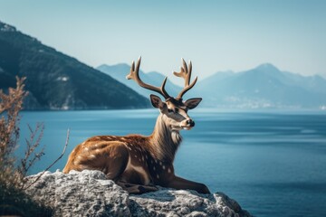 Axis Deer Sitting On Mountain By Sea ai generated