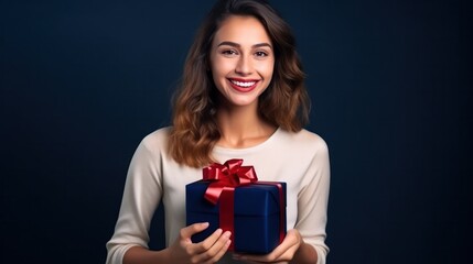 Fototapeta premium Beautiful girl standing on a blue background with a gift in the han
