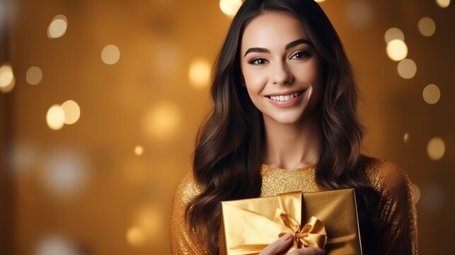 Beautiful girl standing on a golden background with a gift in the hands