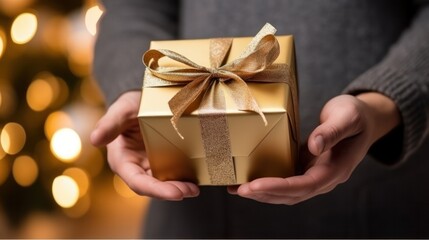 Beautiful girl standing on a golden background with a gift in the hands