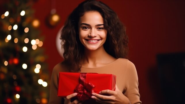 Beautiful girl standing on a red background with a gift in the hands