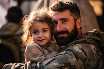 Fototapeta premium Excited Child Sitting On dads Shoulders American soldier