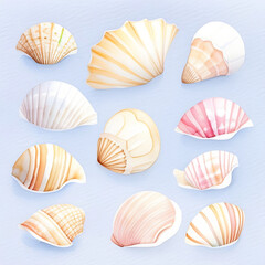 cute shell pattern, shells illustration on pale colors, generative ai, shell background
