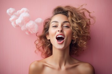 Happy Woman Blowing Bubble Gum In Front Of Wall