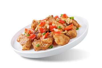 Spice chicken with pepper and onion with rice on a white isolated background
