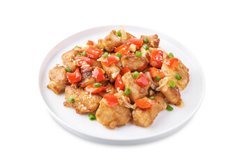 Spice chicken with pepper and onion with rice on a white isolated background