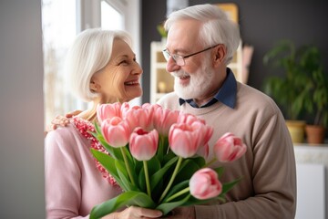 Loving Senior Husband Giving Bouquet Of Fresh Pink tulips
