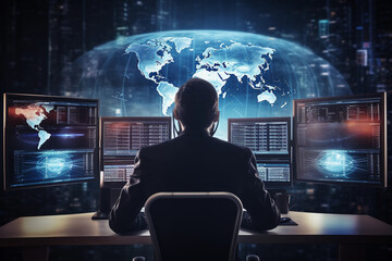 Image of the back view of an unrecognizable futuristic person sitting at a desk with large computer monitors