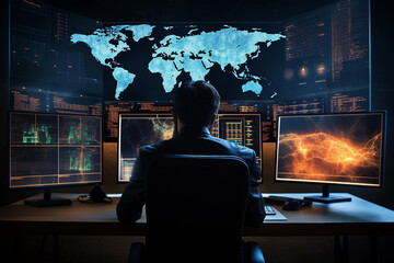 Image of the back view of an unrecognizable futuristic person sitting at a desk with large computer monitors