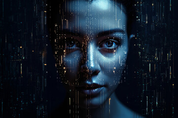 Abstract digital human face. Concept of artificial intelligence, big data, or cybersecurity.