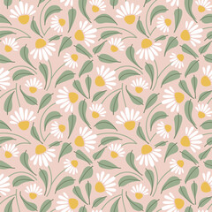 cute gentle soft white daisy daisies flowers floral seamless repeat pattern paper vector botanical on beige background 