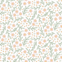 cute gentle soft pink flowers floral seamless repeat pattern paper vector green leaves botanical on white background 