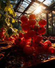 A colorful arrangement of ripe tomatoes on a wooden table. Bunch of tomatoes that are on a table in a greenhouse