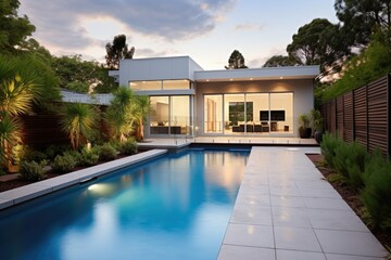 Naklejka premium Rear Garden Of A Contemporary Australian Home With pool