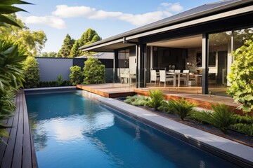 Rear Garden Of A Contemporary Australian Home With pool - obrazy, fototapety, plakaty