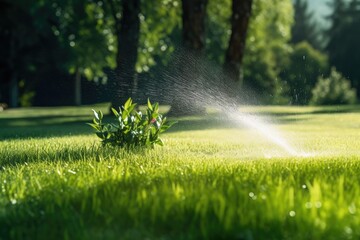 Sprinkler In Park Spraying Water On Lush Green Grass - obrazy, fototapety, plakaty