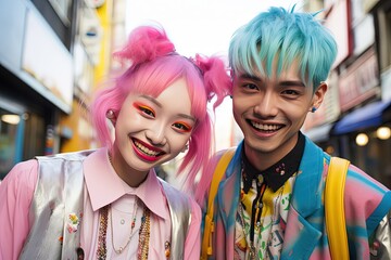 close up portrait, happy teenage couple lover in colorful punk street fashion style look, Generative Ai