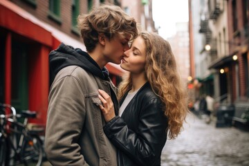 Teenage Couple Kissing And Hugging In Urban Exterior