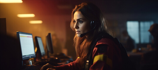 call center women smiled working and providing service with courtesy and attention front of laptop with lens flare and bokeh in office with soft dark tone, Generative AI