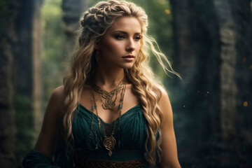 Naklejka premium Blond Celtic Warrior Woman in green dress standing in Stone Ruins.