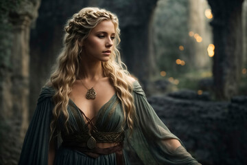 Blond Celtic Warrior Woman in green dress standing in Stone Ruins.